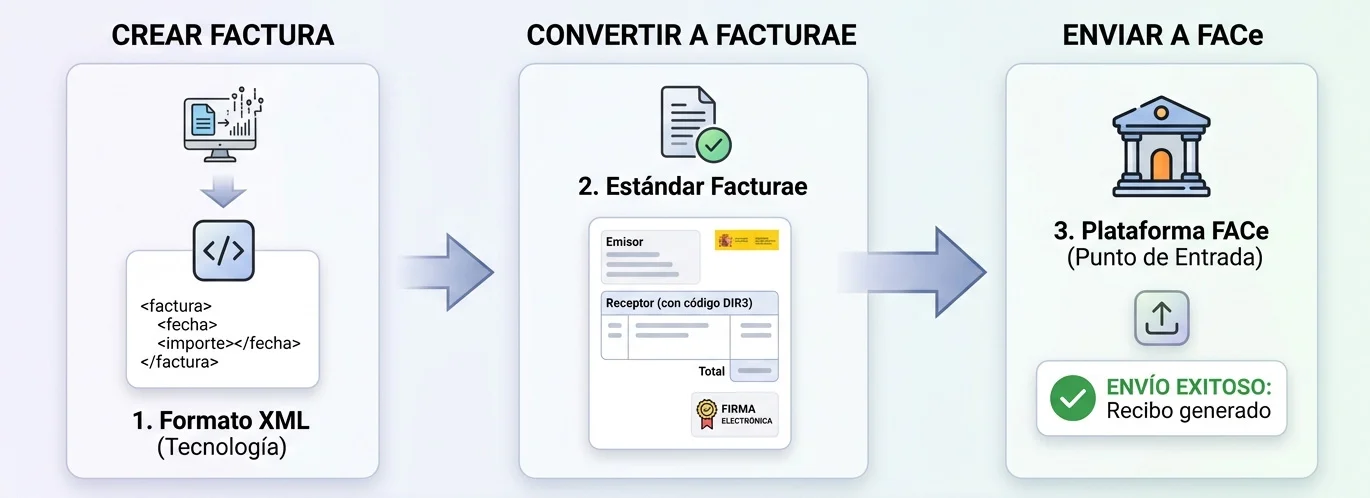 Infografía mostrando la relación entre XML, Facturae y FACe