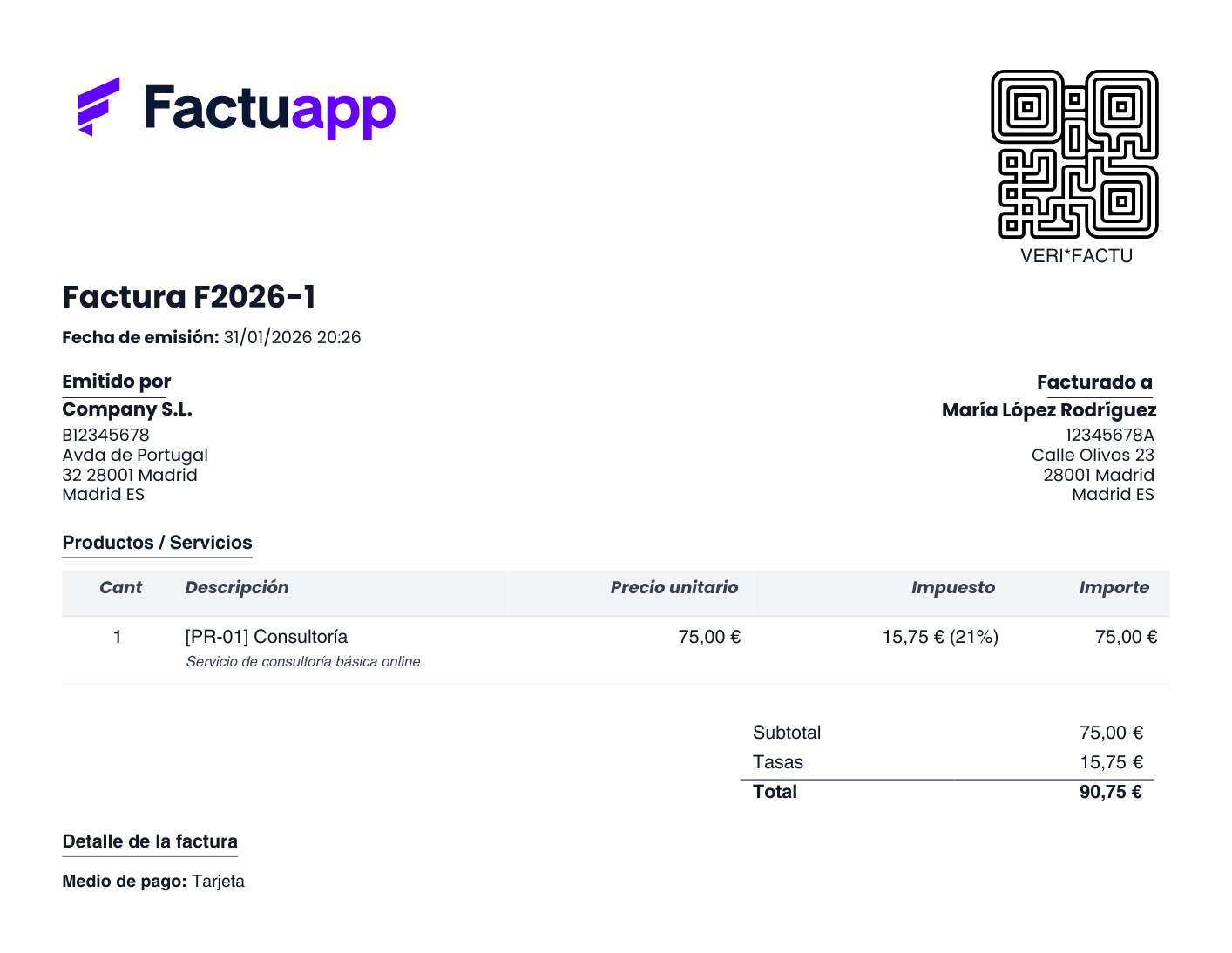Ejemplo de factura adaptada a Verifactu