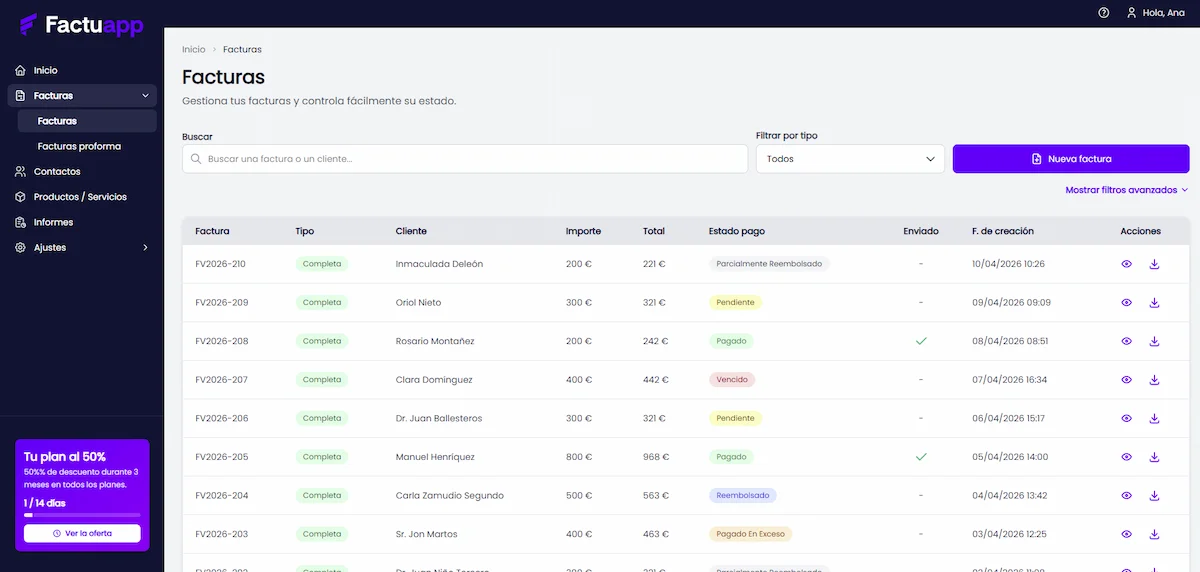 Vista del listado de facturas en Factuapp